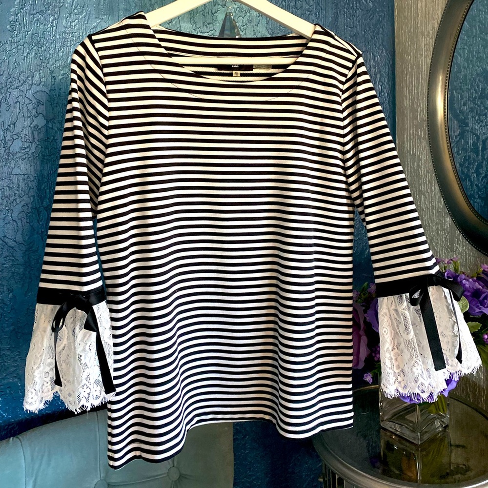 Karl Lagerfeld Striped Blouse with Lace and Ribbon